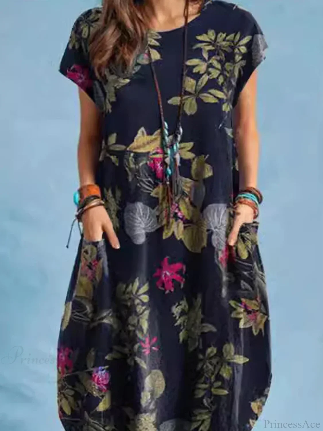 Cotton Linen Loose O-neck Floral Dress - Image 2