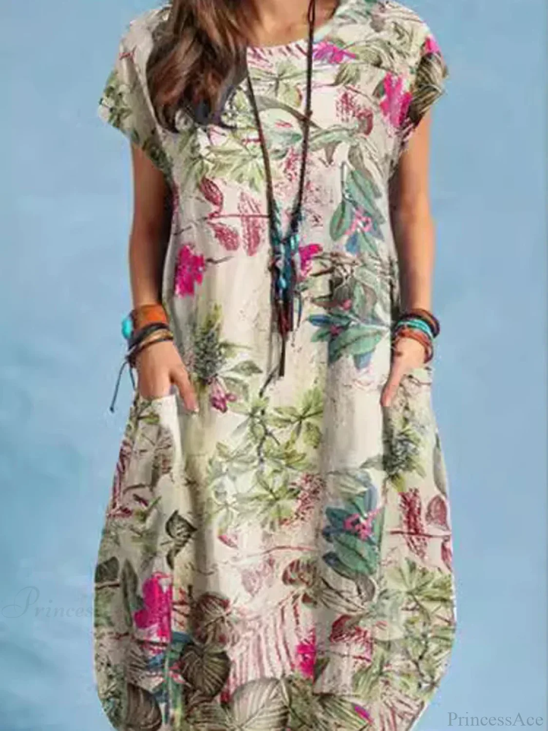 Cotton Linen Loose O-neck Floral Dress - Image 3