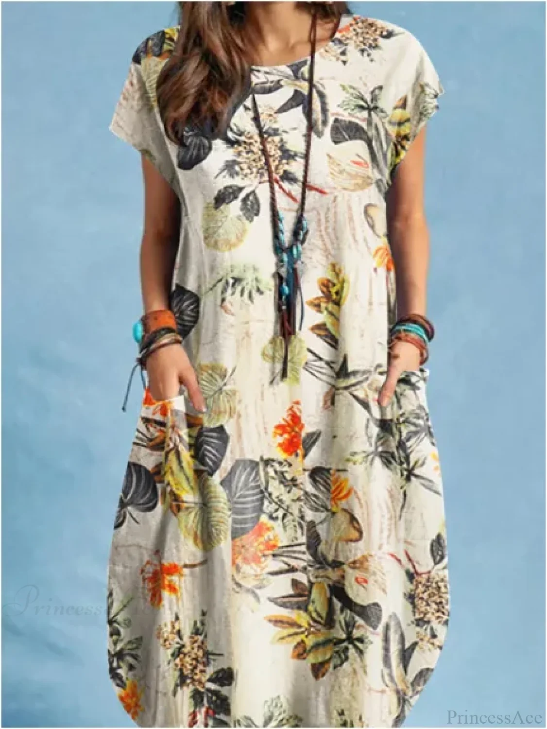 Cotton Linen Loose O-neck Floral Dress - Image 5