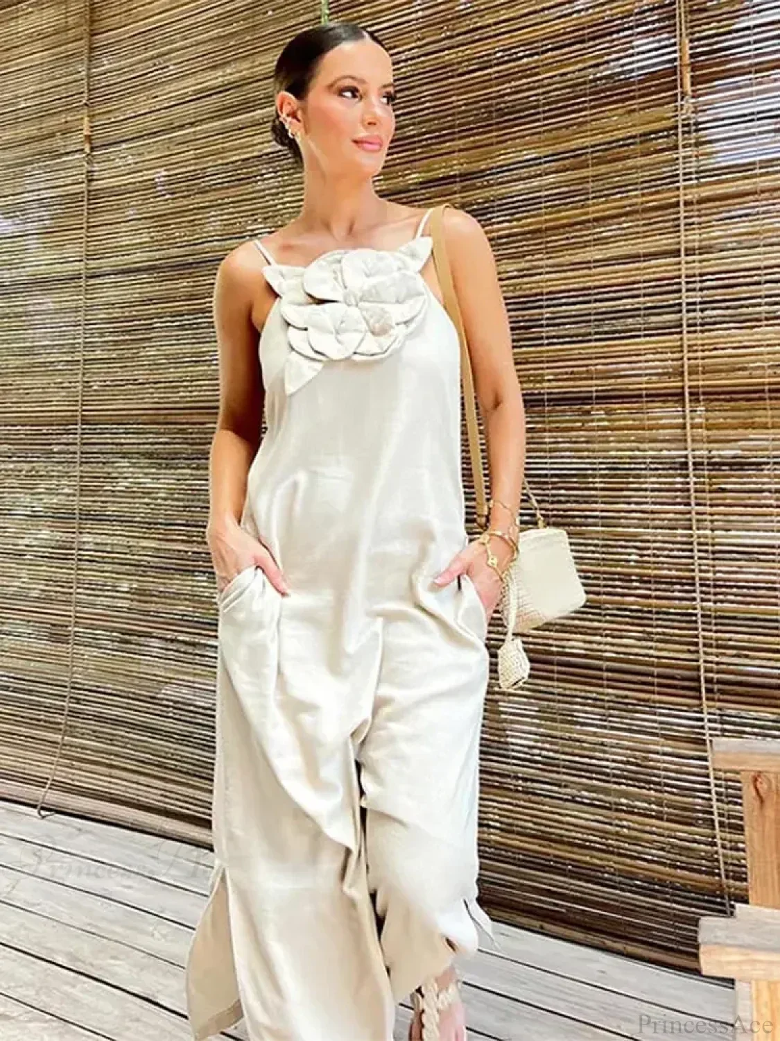 Cotton Linen Split 3D Flower Solid Sling Maxi Dress - Image 3