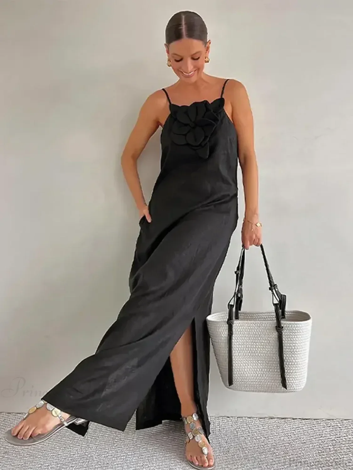 Cotton Linen Split 3D Flower Solid Sling Maxi Dress - Image 8