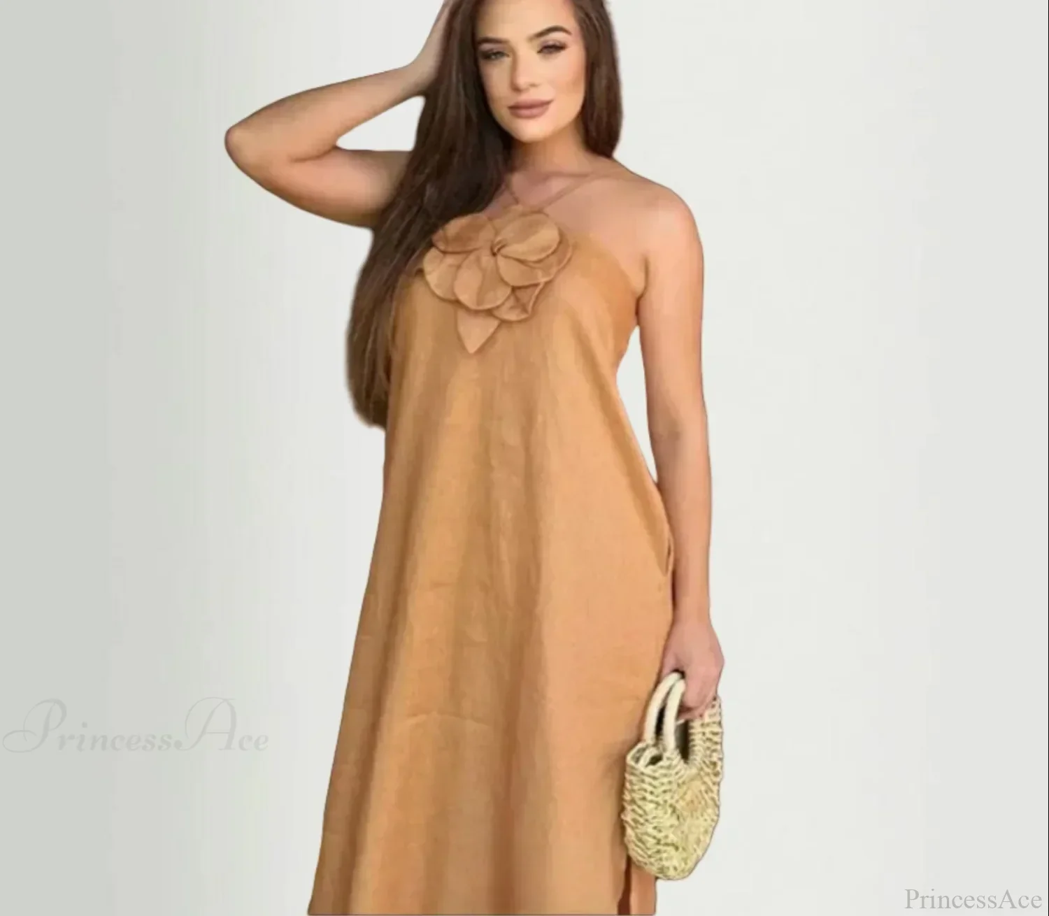 Cotton Linen Split 3D Flower Solid Sling Maxi Dress - Image 9
