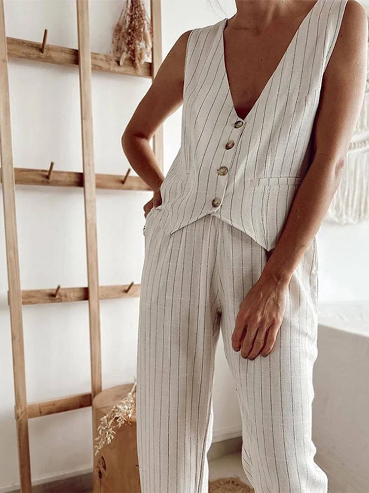 Cotton Linen Striped Wide Leg Office Two Piece Set - Image 6
