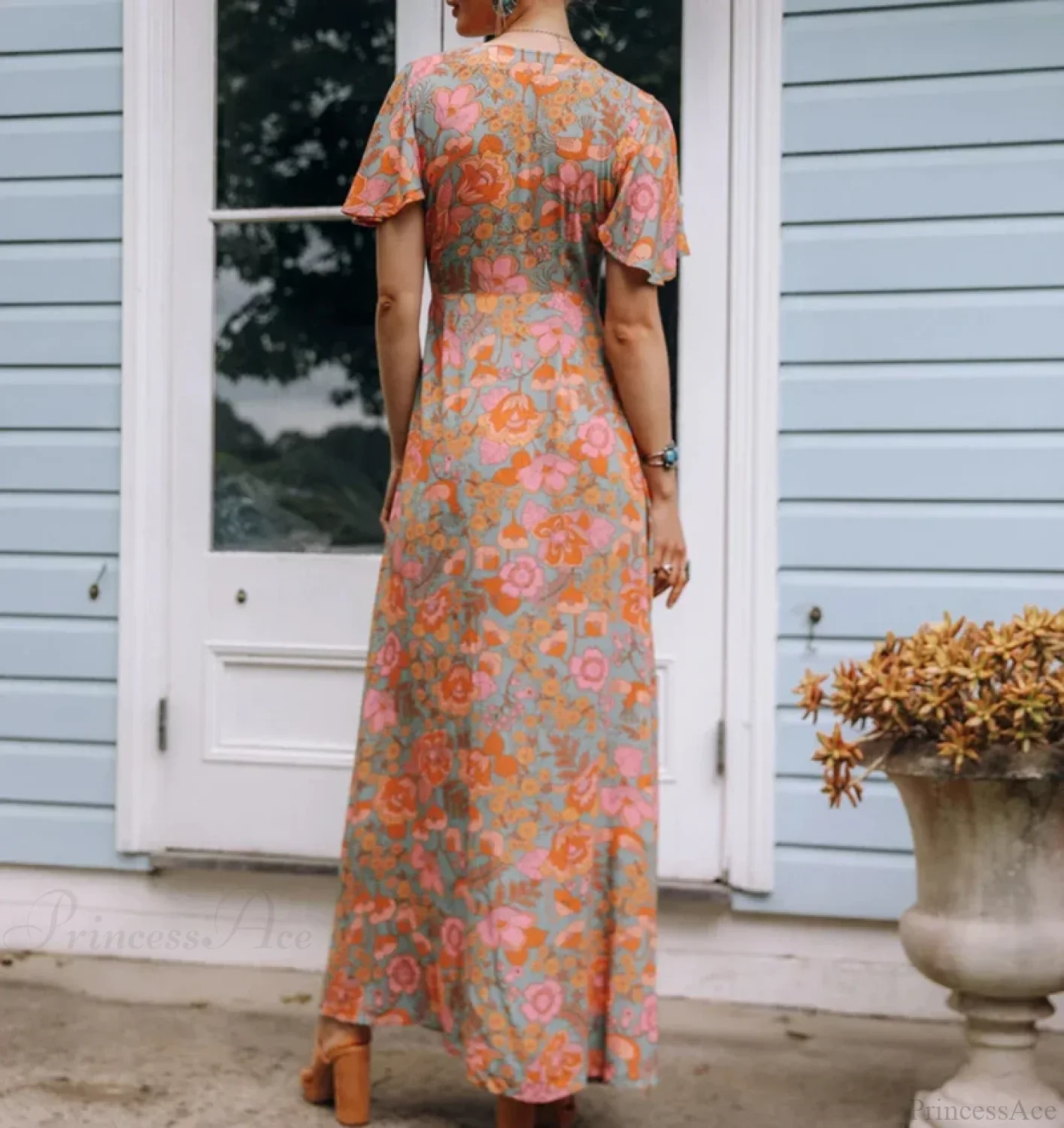Cotton Orange Floral Boho Dress - Image 3