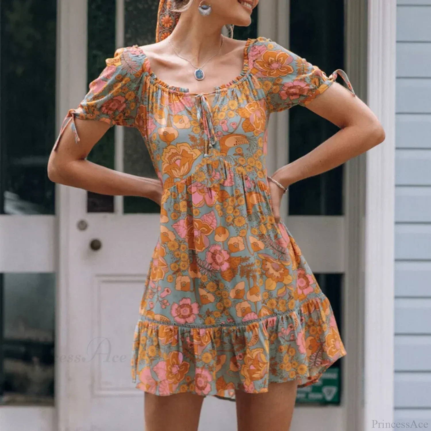 Cotton Orange Floral Boho Dress - Image 4