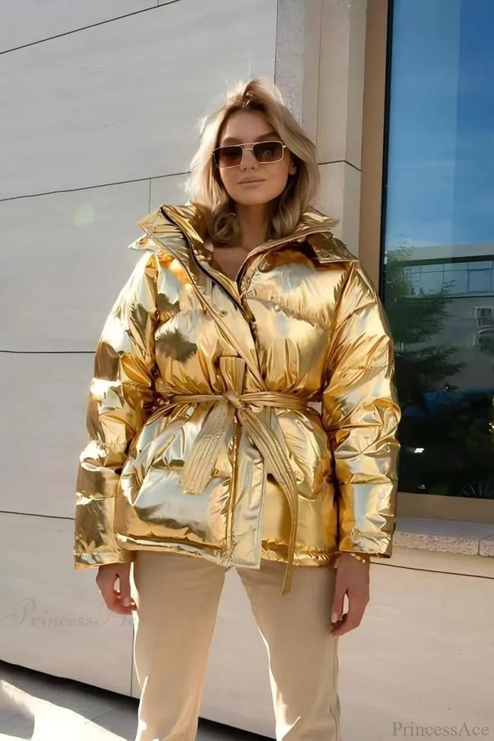 Cotton Padded Metallic Color Belt Pocket Coat - Image 5