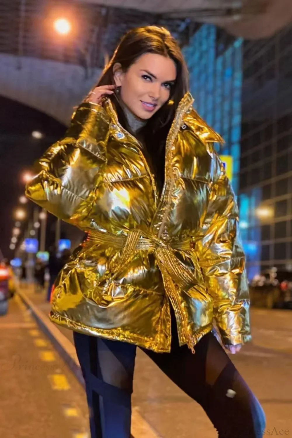 Cotton Padded Metallic Color Belt Pocket Coat - Image 6