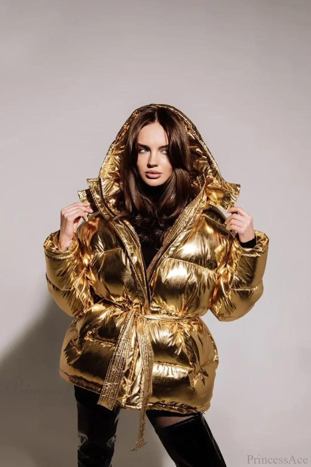 Cotton Padded Metallic Color Belt Pocket Coat - Image 9
