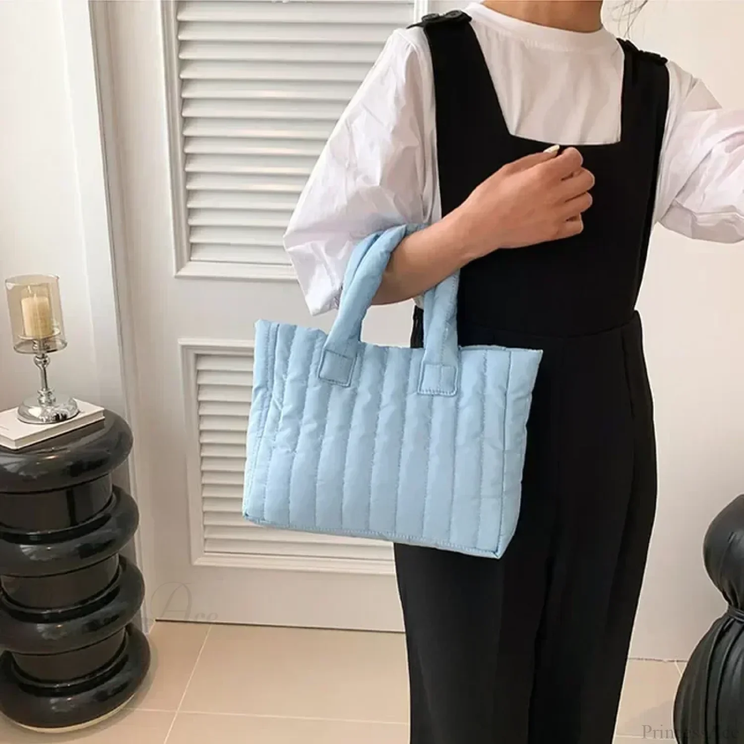 Cotton Padded Quilted Solid Color Commuter Handbag - Image 4