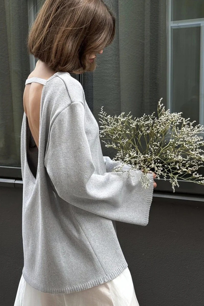 Cotton Pullover Open-Back Loose Sexy Knit Top - Image 6
