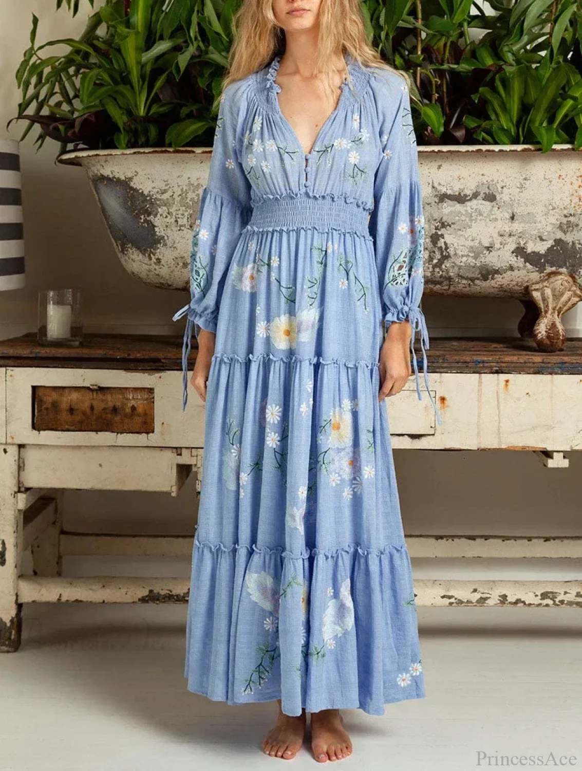 Cotton Rayon Blue Floral Embroidery Boho Dress - Image 2