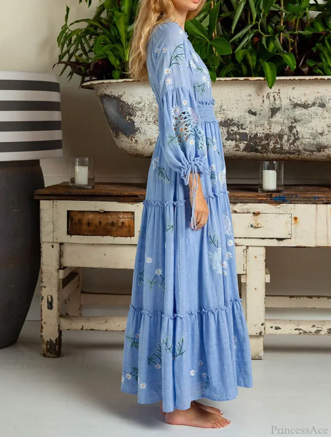 Cotton Rayon Blue Floral Embroidery Boho Dress - Image 4
