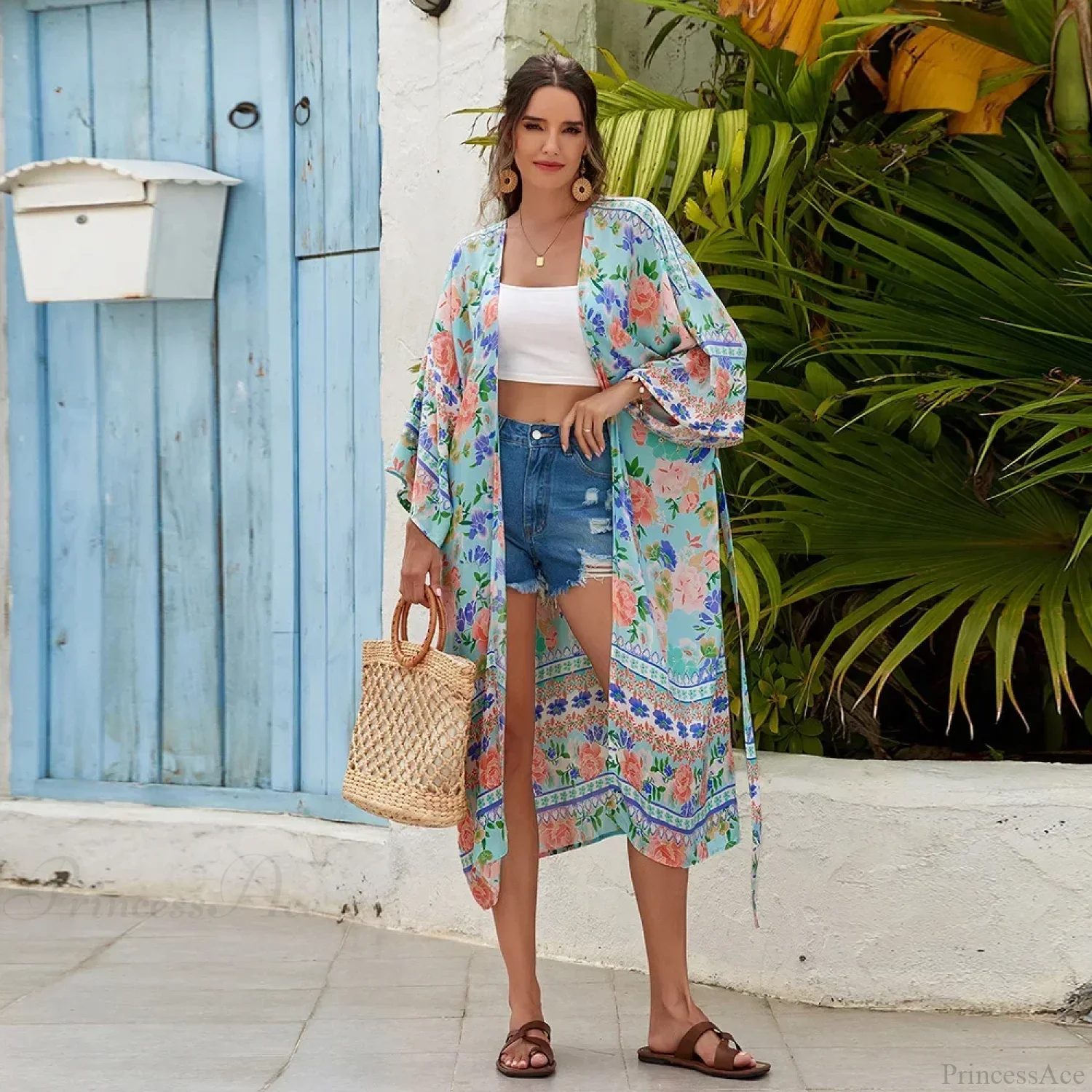 Cotton Rayon Floral Print Long Sleeve Boho Cover up - Image 3