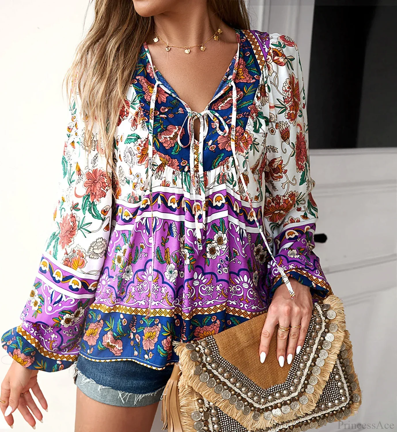 Cotton Rayon Floral Printed Long Sleeve Beach Boho Blouse - Image 4