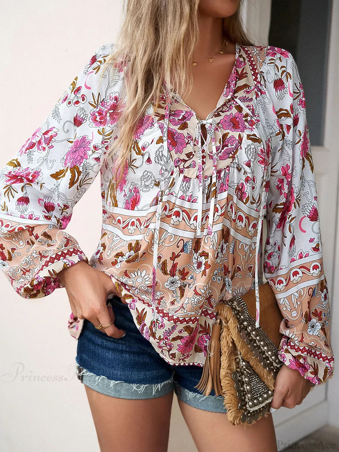 Cotton Rayon Floral Printed Long Sleeve Beach Boho Blouse - Image 6
