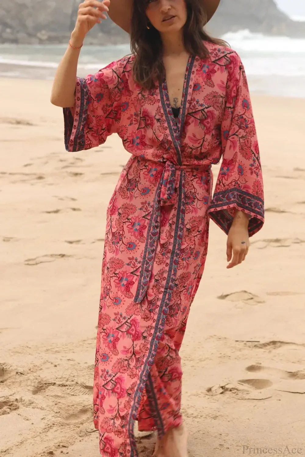 Cotton Rayon Kimono Boho Beach Cover up Loose Dress - Image 4
