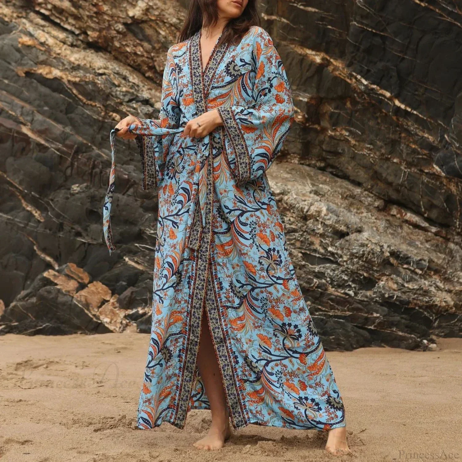 Cotton Rayon Kimono Boho Beach Cover up Loose Dress - Image 7