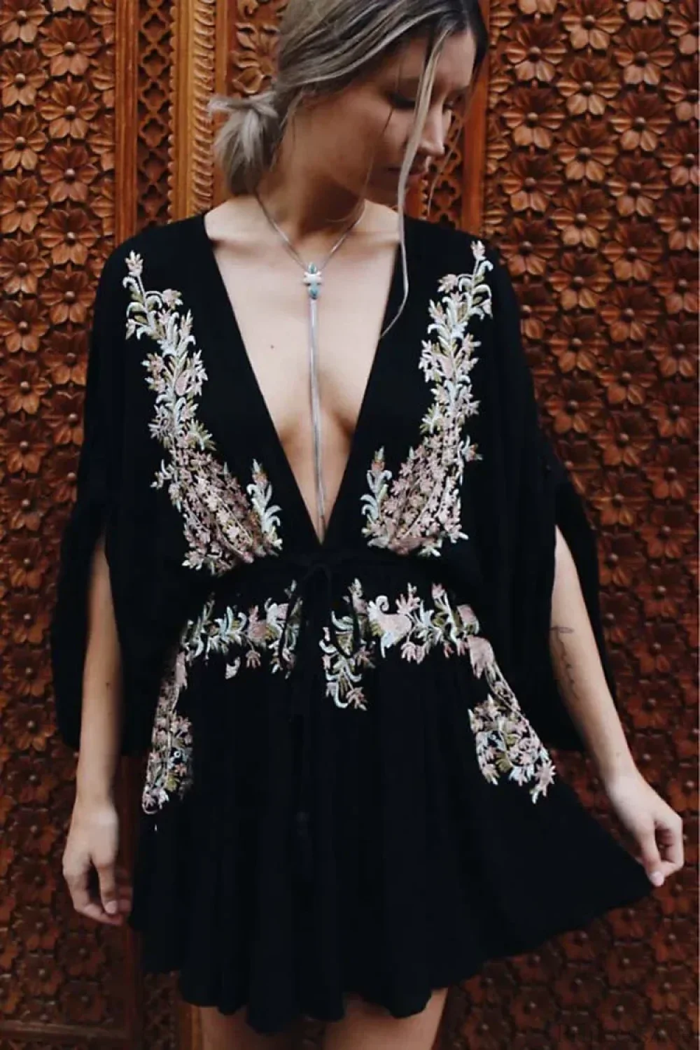 Cotton Rayon Purple Floral Embroidery Boho Dress - Image 5