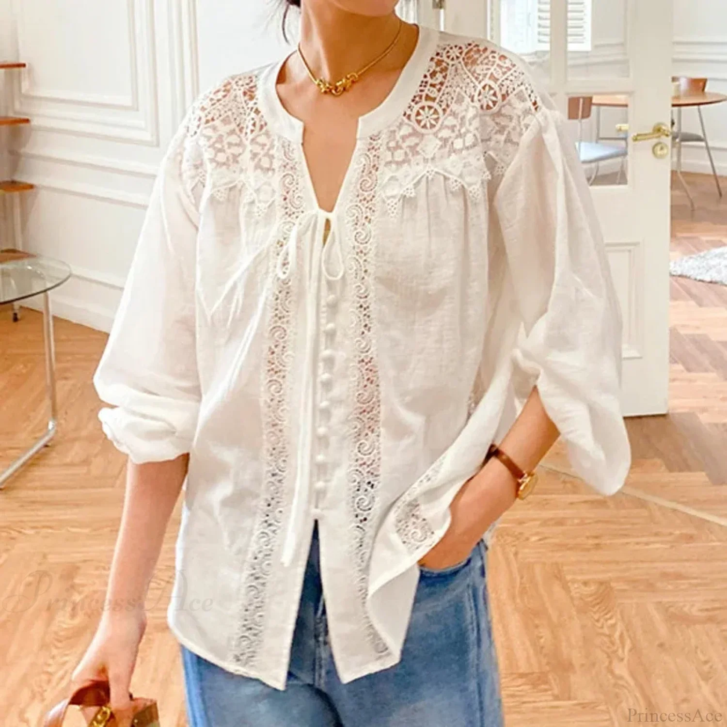 Cotton White Lace Lantern Sleeve Oversize Boho Blouse - Image 2