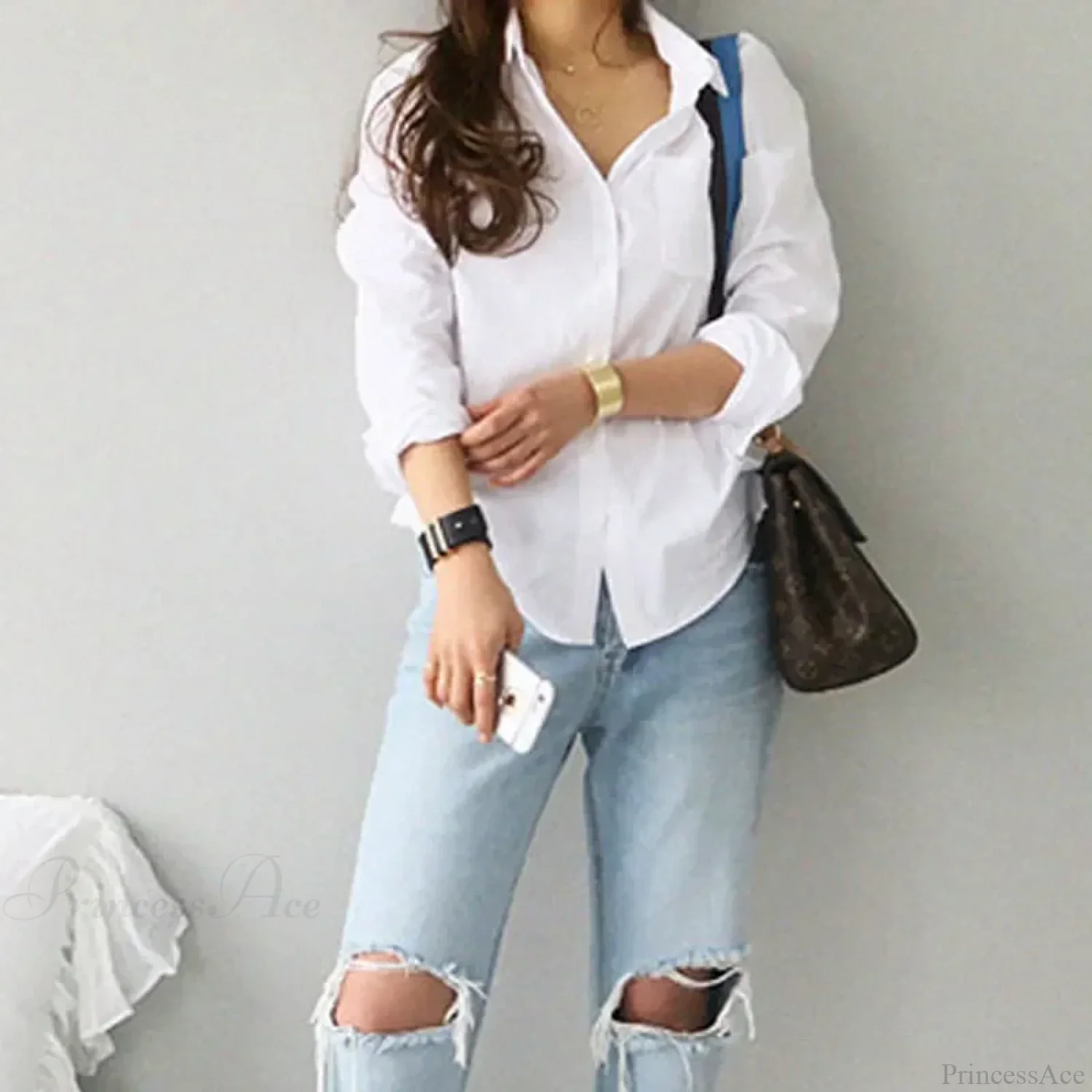 Cotton White Long Sleeve Casual Ladies Blouse - Image 4