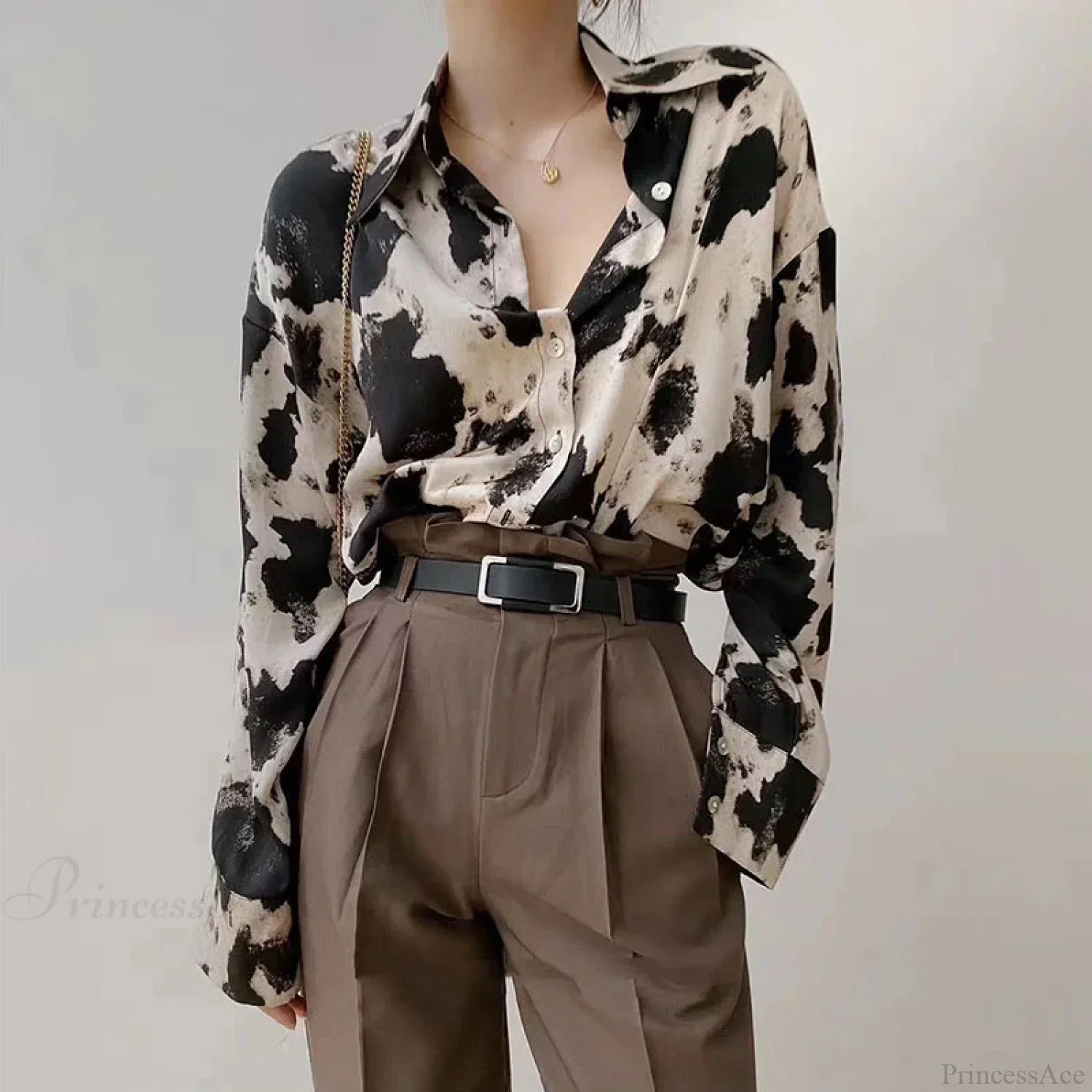Cow Print Button Up Long Sleeve Blouse - Image 2