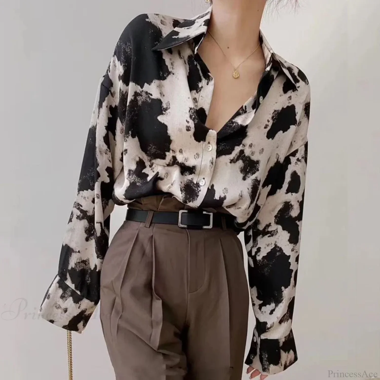 Cow Print Button Up Long Sleeve Blouse - Image 4