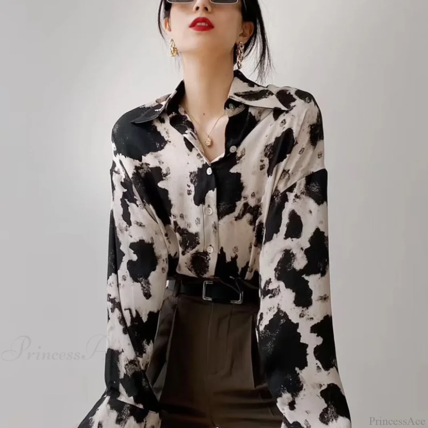 Cow Print Button Up Long Sleeve Blouse - Image 5