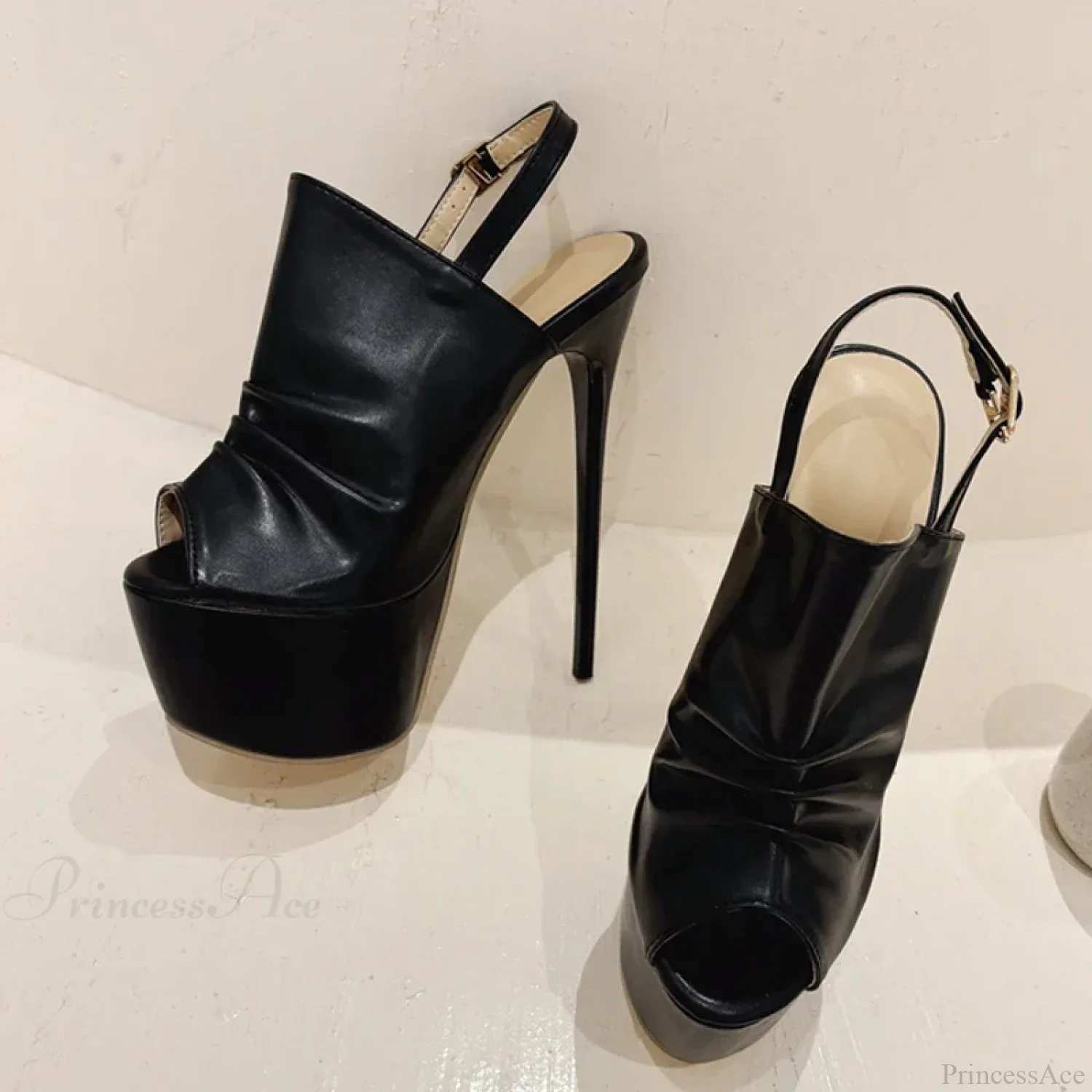 Cozy Pleated Leather Super-High Platform Nightclub Party Peep-Toe Black Sexy High Heel - Image 2