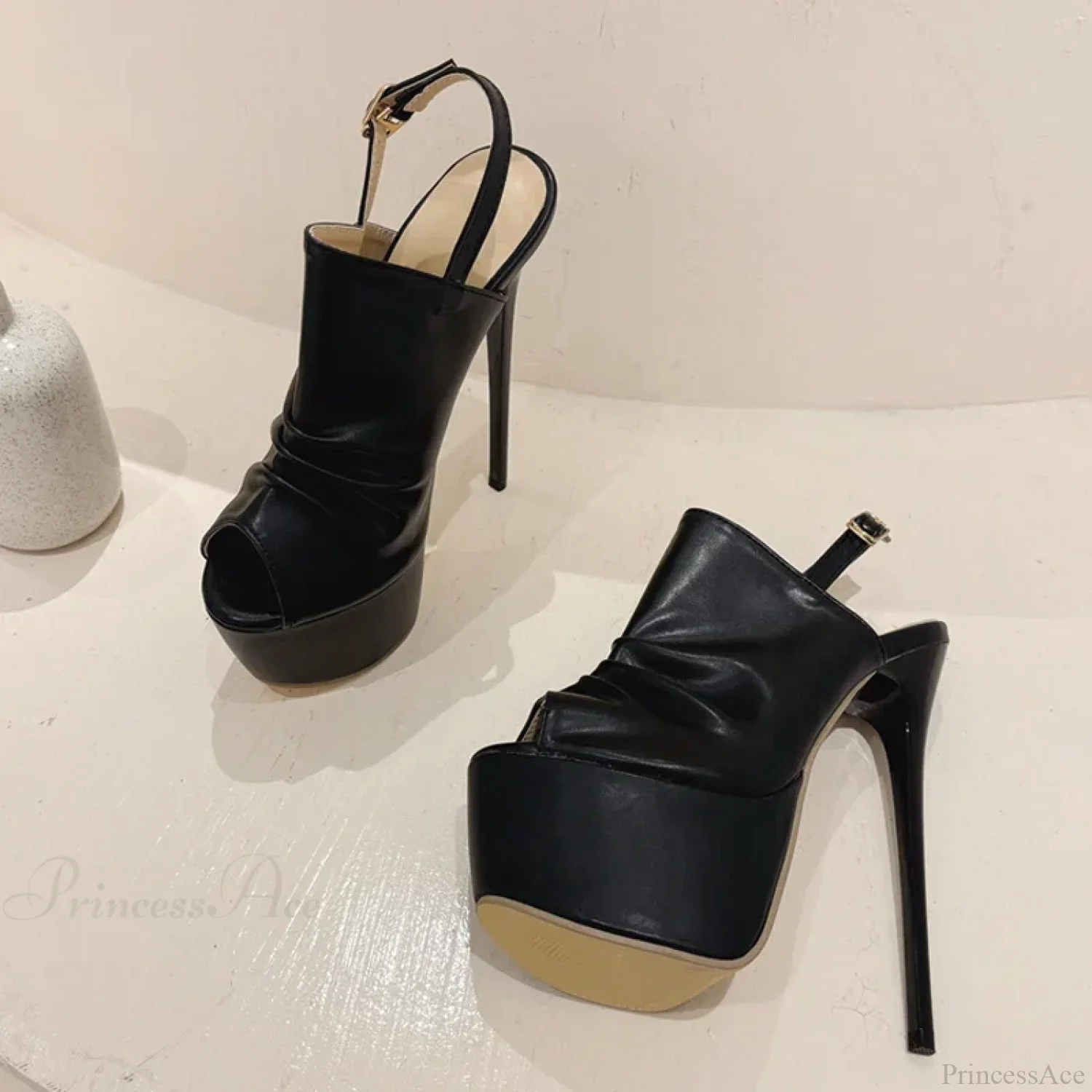 Cozy Pleated Leather Super-High Platform Nightclub Party Peep-Toe Black Sexy High Heel - Image 3
