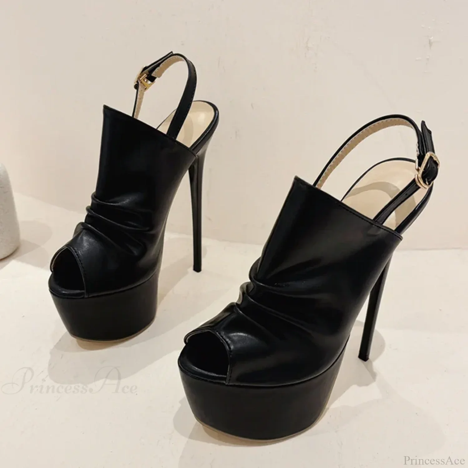 Cozy Pleated Leather Super-High Platform Nightclub Party Peep-Toe Black Sexy High Heel - Image 4