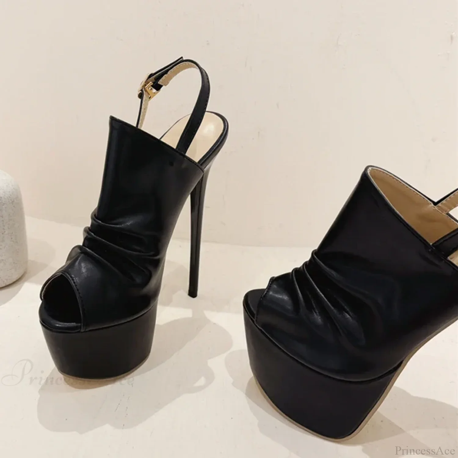 Cozy Pleated Leather Super-High Platform Nightclub Party Peep-Toe Black Sexy High Heel - Image 5