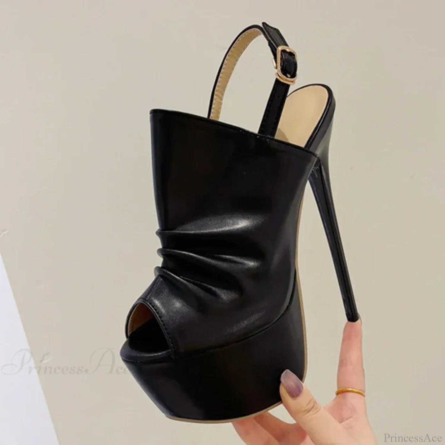 Cozy Pleated Leather Super-High Platform Nightclub Party Peep-Toe Black Sexy High Heel - Image 6