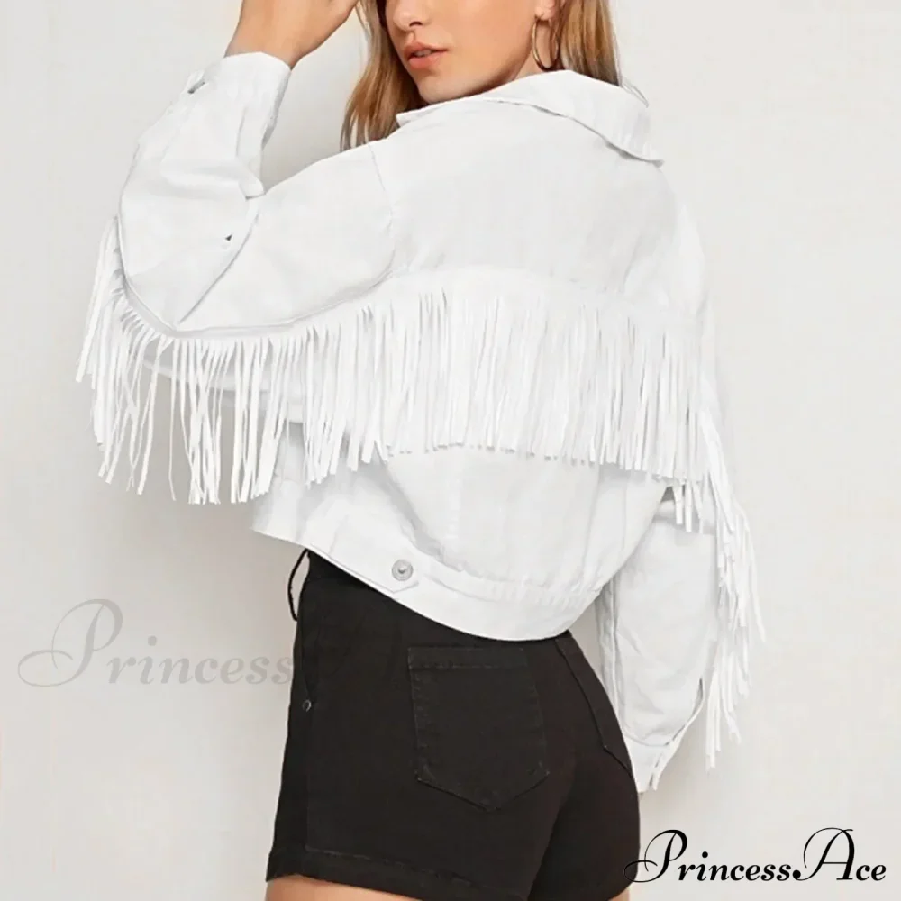 Short Loose Denim Wi Pockets Lapel Button Tassel Chic Stylish Elegant Fashionable Versatile Boyfriend Outer Jacket - Image 3