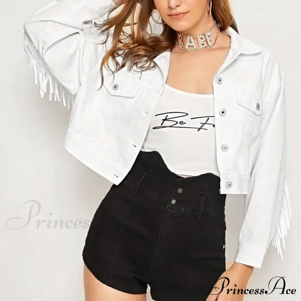 Short Loose Denim Wi Pockets Lapel Button Tassel Chic Stylish Elegant Fashionable Versatile Boyfriend Outer Jacket - Image 4