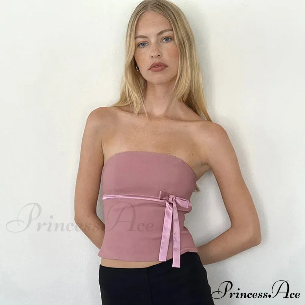 Women Harajuku Pullover Strapless Bowtie Patchwork Skinny Crops Camisole Shirt Outfits Tank top - Image 6