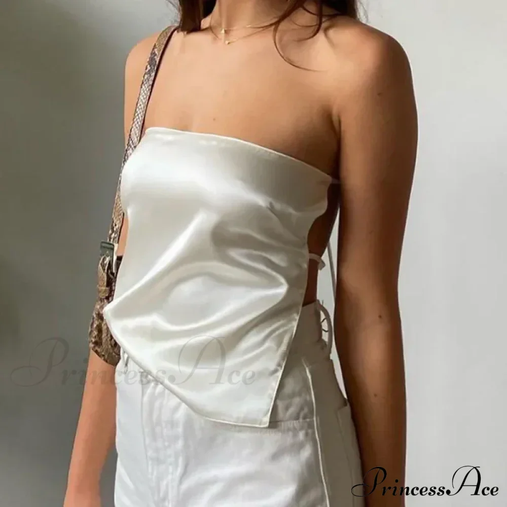 Satin Backless Crop Women Green Summer Cami Bandage Sleeveless Strapless Off Shoulder Tank top - Image 10