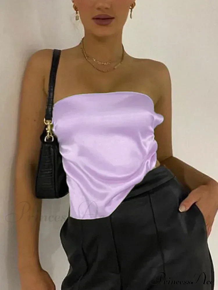 Satin Backless Crop Women Green Summer Cami Bandage Sleeveless Strapless Off Shoulder Tank top - Image 3