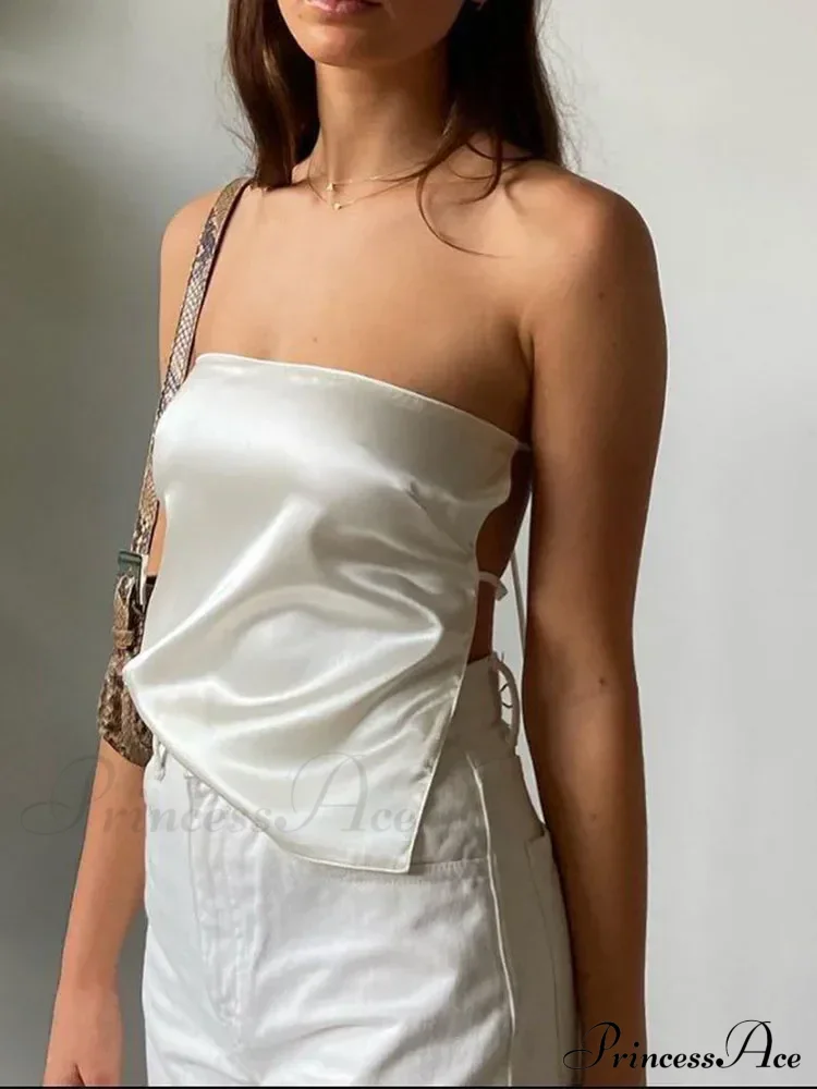 Satin Backless Crop Women Green Summer Cami Bandage Sleeveless Strapless Off Shoulder Tank top - Image 5