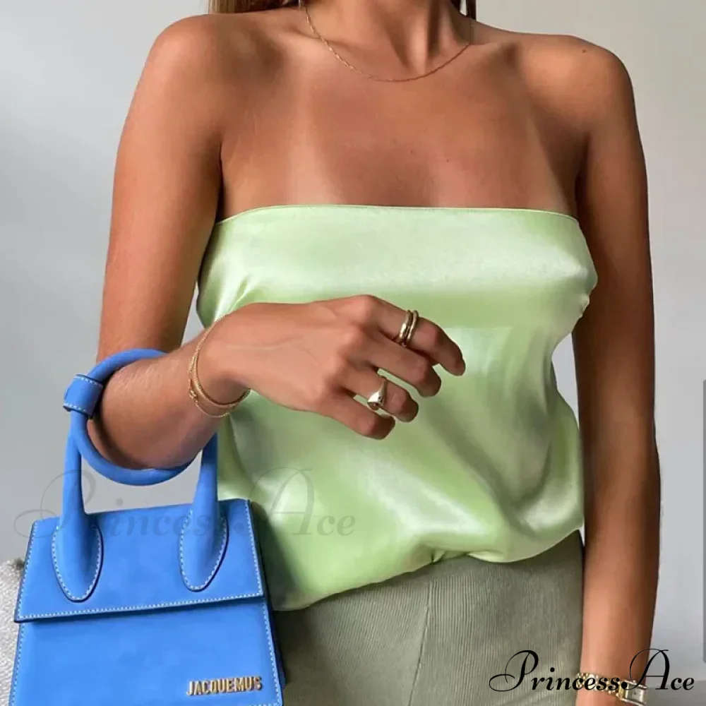 Satin Backless Crop Women Green Summer Cami Bandage Sleeveless Strapless Off Shoulder Tank top - Image 7