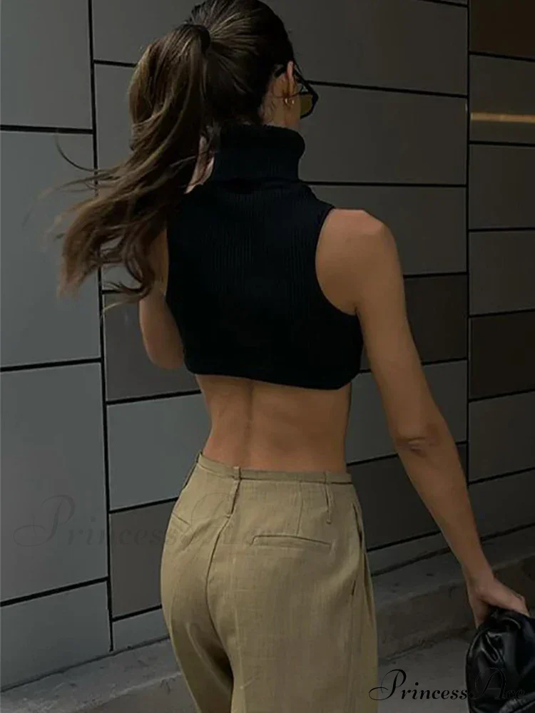 Y2k Black Knitting Turtleneck Crop Women Irregularity Skinny Elasticity Fashion Club Streetwear Tank top - Image 4