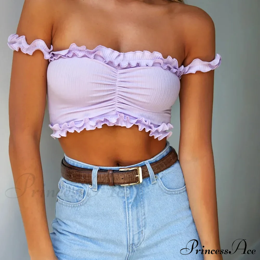 New Cute Purple Off Shouler Crop Ruffles t shirtTube For Women Summer Clothes Tank top - Image 2