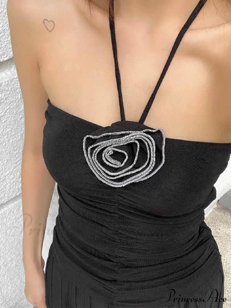 Flower Patchwork halter Tubes Off Shoulder Backless Tank Sexy Women Off Shoulder Ruched Black Mini Vests Tank top - Image 3
