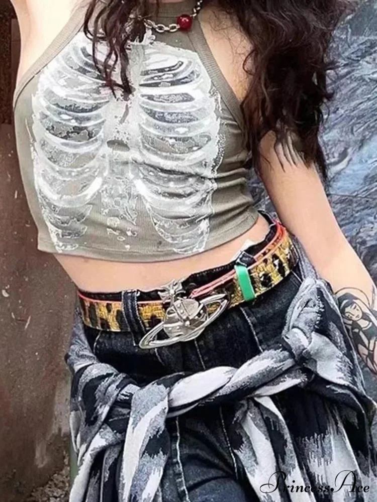 Punk Aesthetic Cyber Retro X-ray Skeleton Print Sleeveless Vest ArmyGreen Crop Designer Clothes Women Summer Emo Tank top - Image 5