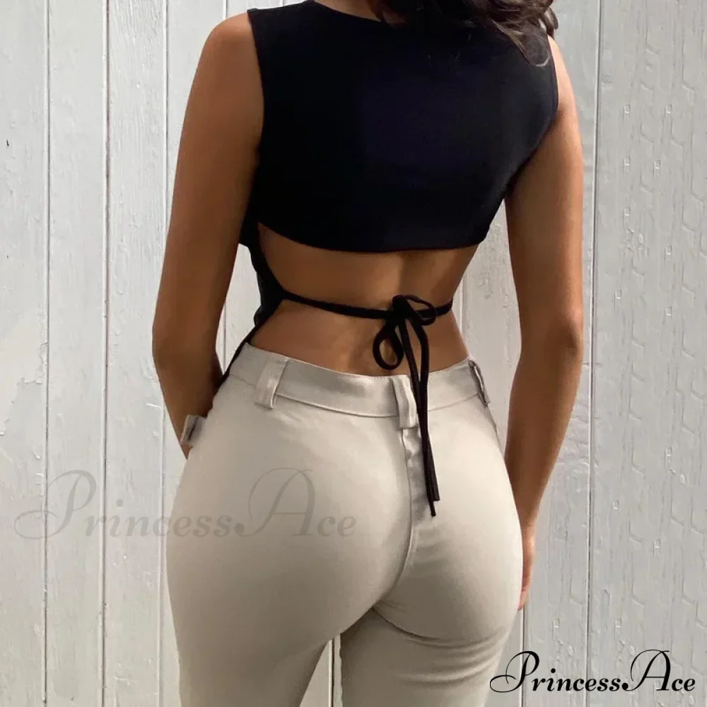 Tied Backless Solid Sleeveless Crop Summer Sexy Skinny Simple Trim Outfits Mock Neck Basic Tank top - Image 4