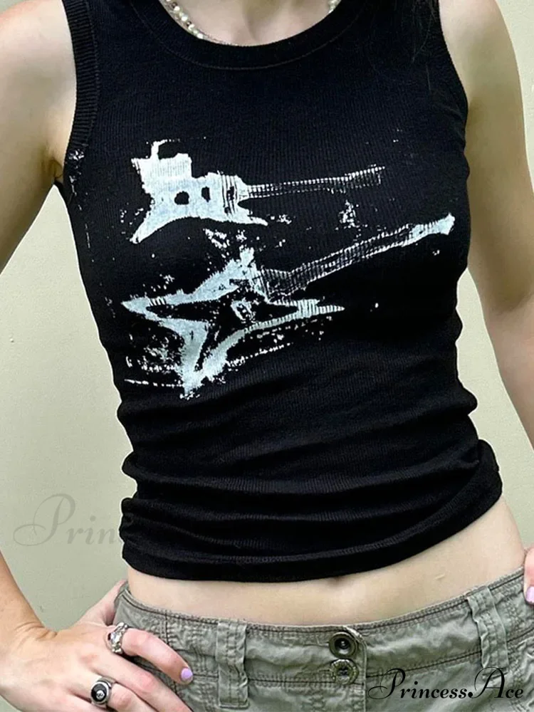 Guitar Print Sleeveless Y2K Casual Ribbed Women Crop Harajuku Fashion Vest 90s Street Outfits Tank top