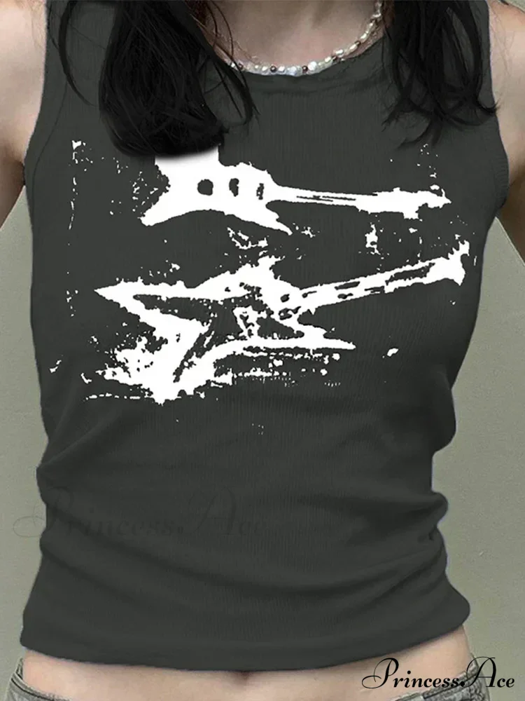 Guitar Print Sleeveless Y2K Casual Ribbed Women Crop Harajuku Fashion Vest 90s Street Outfits Tank top - Image 3