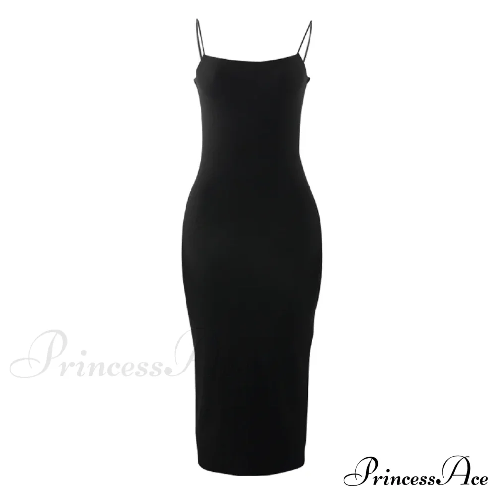 Summer Black Spaghetti Strap Backless Solid Sleeveless Elegant Party Bodycon Dress - Image 6