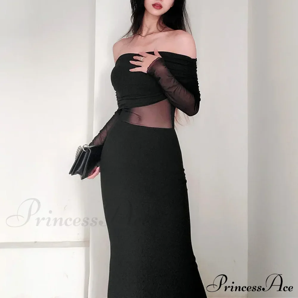 Autumn Sexy Strapless Black Lace Patchwork Long Streetwear Club Long Bodycon Dress - Image 3