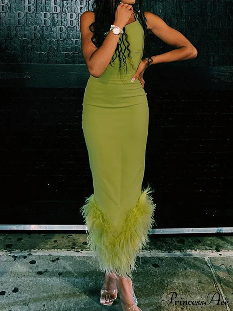 Slim Sleeveless Maxi Spaghetti Strap Backless Green Elegant Club Party Bodycon Dress