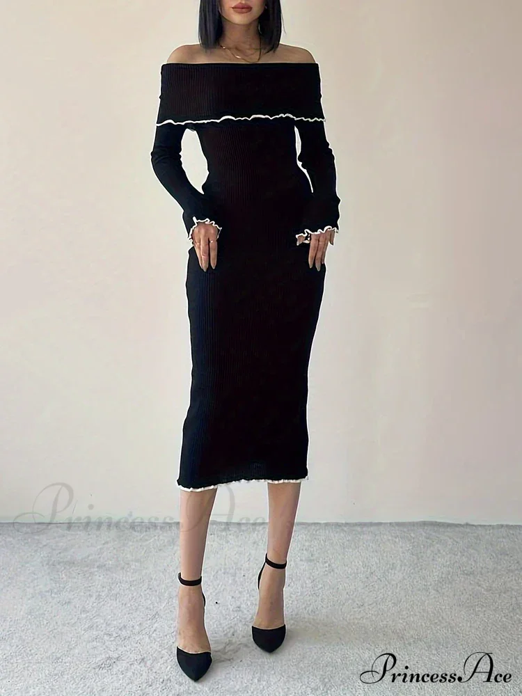 Autumn Winter Black Long Slash Neck Straight Elegant Party Clubwear Bodycon Dress - Image 3
